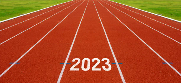 number 2023 on the running track - new years party time imagens e fotografias de stock