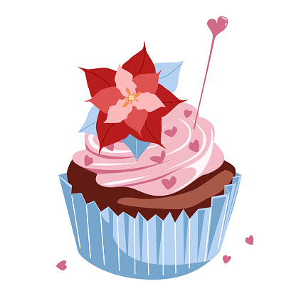 Festive cupcake with pink cream, hearts and a flower on a white background. Vector illustration isolated for a holiday, postcard and print