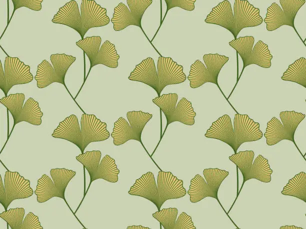 Vector illustration of seamless pattern with hand drawn Ginkgo biloba leaves. Japanese drawing graphic style, logo template, vector illustration fabric print floral botanical background isolated on green color