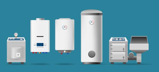 Boilers and heaters Boilers and heaters. Bathroom electric water boiler, gas propane heater, wood coal burn tank boiler with indicators, household hot system equipment elements electric heater stock illustrations