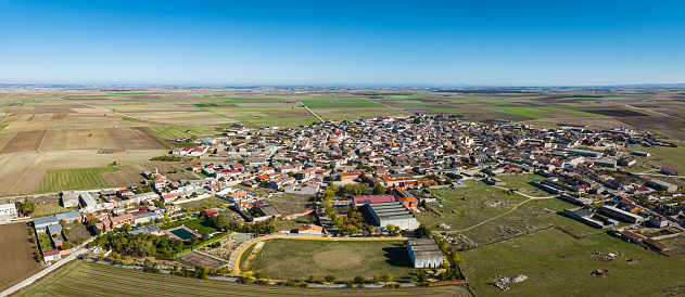 Aerial view of the small town of Campaspero in Valladolid province, Spain.