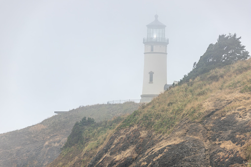 North Head Lighthouse at Cape Dissapointment in Washington State on a Foggy Fall Morning