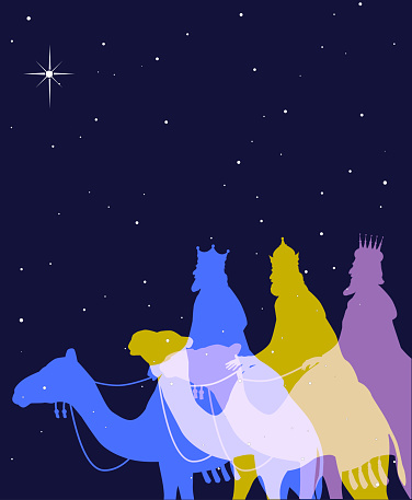 Colourful silhouettes of the Three wise men - three kings. Christmas, Religion, Christianity, winter, celebration, Star, Bethlehem, Nativity,