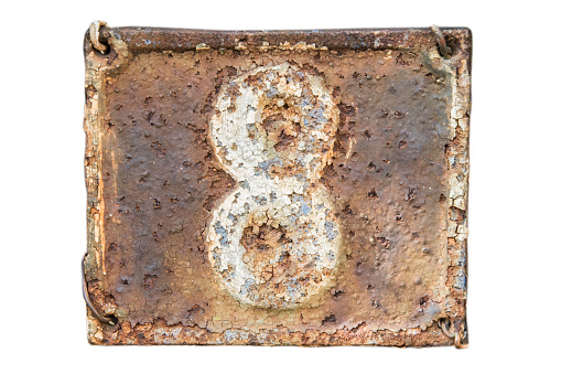 Old retro weathered cast iron plate with number 8 closeup isolated on white background