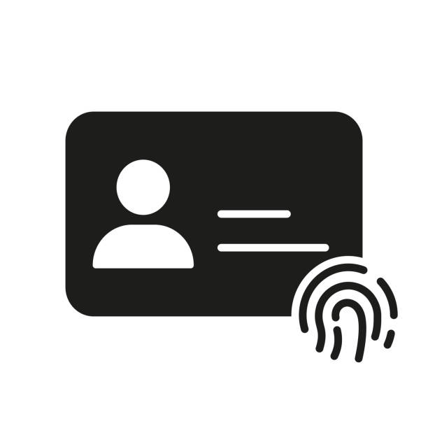 指紋シルエットアイコン付きの個人idカード。会社の従業員のピクトグラムの拇印idプラスチックカードid。ユーザー指紋セキュリティ id 署名。分離型ベクターイラスト - fingerprint identity id card biometrics点のイラスト素材／クリップアート素材／マンガ素材／アイコン素材