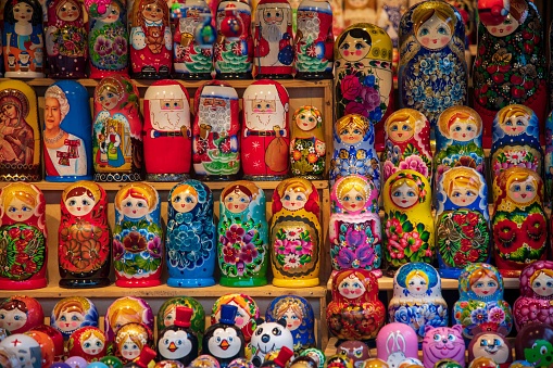 Wooden Russian Dolls display in a Christmas Market shop