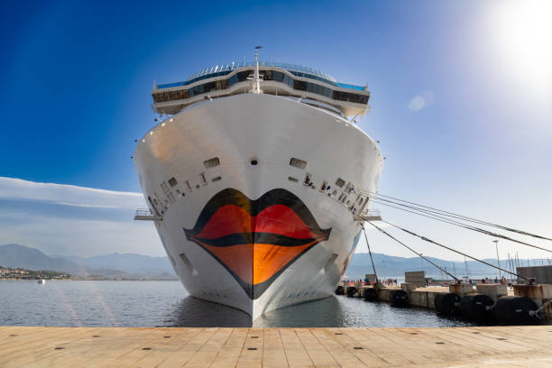 Aida Cosma liner in stopover in port of Ajaccio Ajaccio, France - October 26, 2022, Aida Cosma liner in stopover in port of Ajaccio in Corsica, copy space stopover stock pictures, royalty-free photos & images