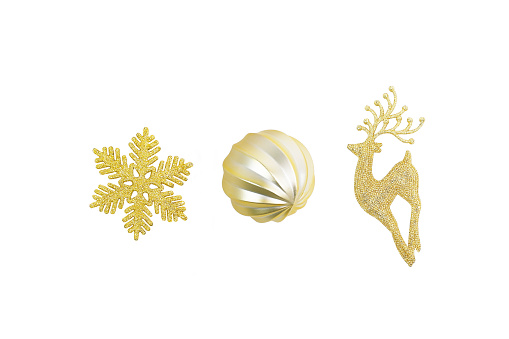 Christmas ornament, ball, reindeer, snowflake with a gold color, objects isolated with clipping path on white background