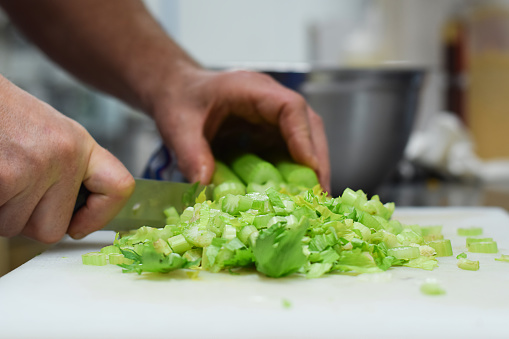 Closeup restaurant kitchen employee cutting celery with knife, angle view