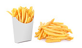 French fries in a white paper box isolated on white