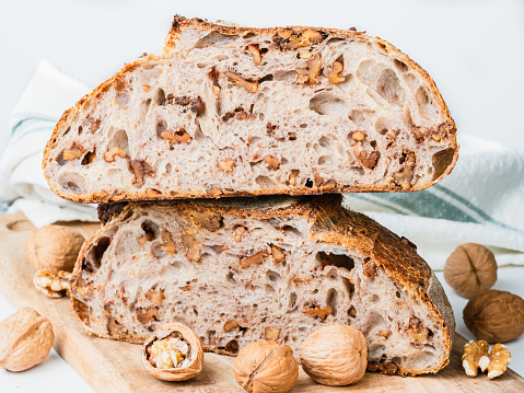Freshly baked sourdough bread with walnuts.