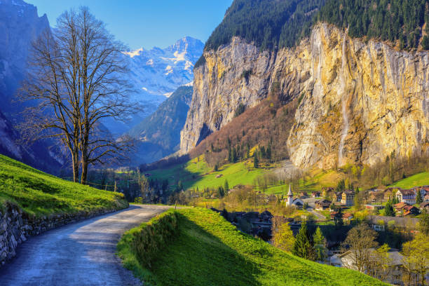 dolina lauterbrunnen w alpach szwajcarskich, szwajcaria - jungfrau waterfall tree nature zdjęcia i obrazy z banku zdjęć