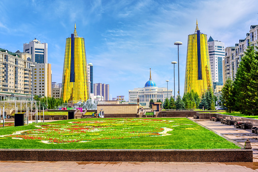 Nur-Sultan Astana modern city center, Kazakhstan, view of Golden towers and President Palace