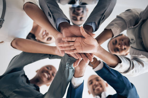 istock Work, motivation  and hands in teamwork support of happy office worker group together. Business collaboration, community and working success of company employees ready to start corporate team project 1443058434