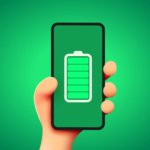 Cute cartoon hand holding mobile smartphone with full battery. Battery life concept. Cute cartoon hand holding mobile smartphone with full battery. Battery life concept. Vector illustration cartoon of the mobile phone charger stock illustrations