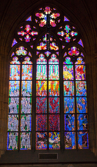 gothic stained glass window in st. vitus cathedral, prague, czech republic
