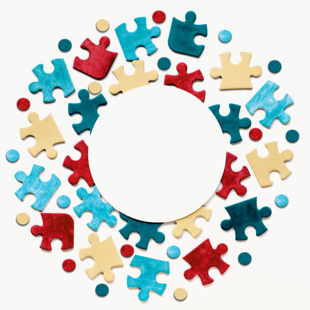 istock Autism Awareness Day, World Autism Day, round circle blank frame with puzzle pieces around, copy-space. Design element for flyer, poster for Health Care Awareness campaign for Autism 1443058883