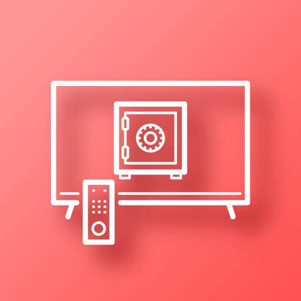 Vector illustration of TV with safe box. Icon on Red background with shadow