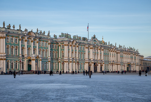 St. Petersburg, Russia - January 08, 2022: Many people visit Hermitage Museum and Palace Square on weekends and holidays