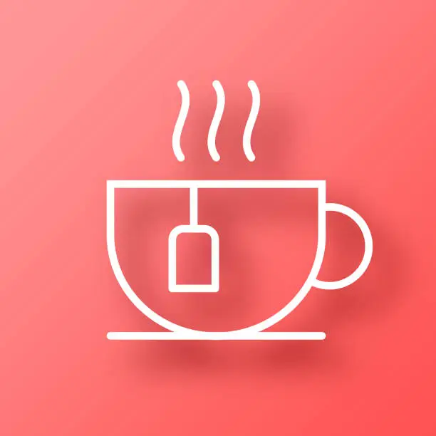 Vector illustration of Cup of tea. Icon on Red background with shadow