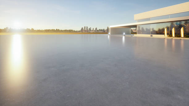 istock 3d rendering of concrete floor and auto showroom for background. 1443064366