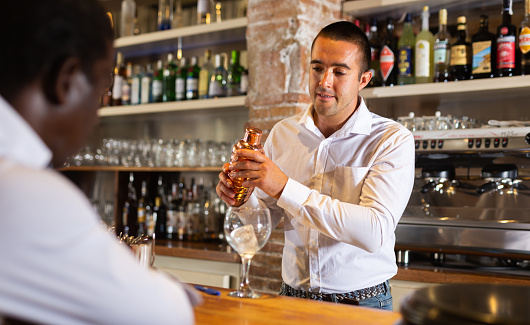 Smiling positive barkeeper serving African American visitor with chilled beverage in glass