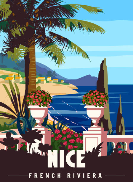 ilustrações, clipart, desenhos animados e ícones de nice riviera francesa retro poster. vista panorâmica da costa tropical, palma, marinho do mediterrâneo - cannes french riviera france beach