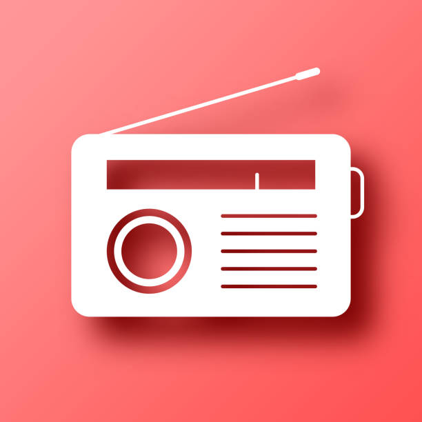 Radio. Icon on Red background with shadow White icon of "Radio" isolated on a trendy color, a bright red background and with a dropshadow. Vector Illustration (EPS file, well layered and grouped). Easy to edit, manipulate, resize or colorize. Vector and Jpeg file of different sizes. retro transistor radio clip art stock illustrations