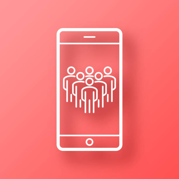 illustrations, cliparts, dessins animés et icônes de médias sociaux sur smartphone. icône sur fond rouge avec ombre - meeting business red backgrounds