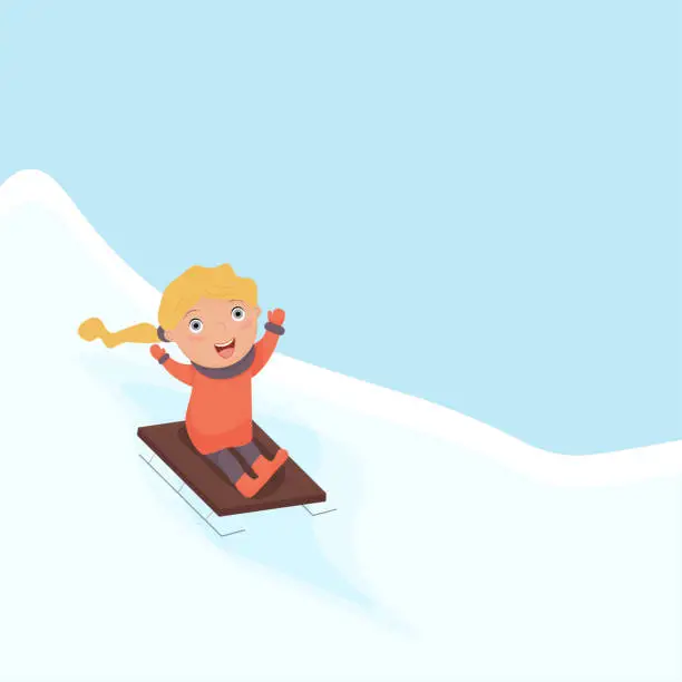 Vector illustration of Girl is sledding down the mountain. Winter holidays. Vector illustration.
