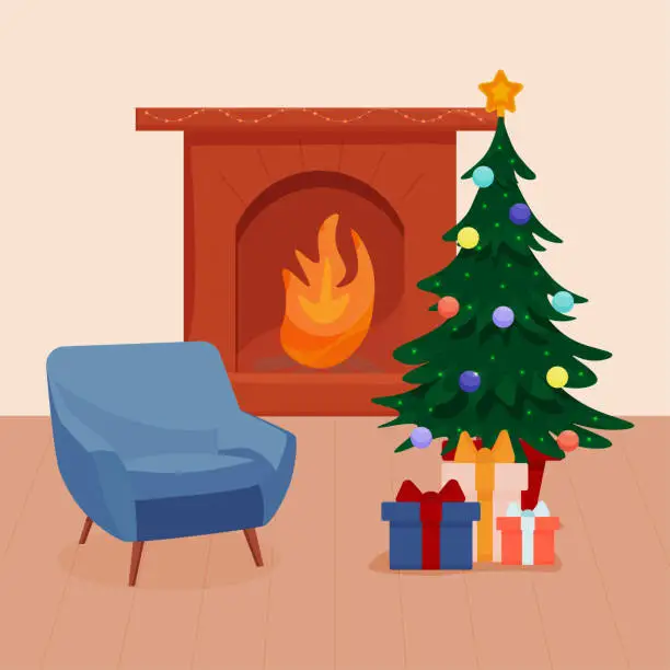 Vector illustration of The interior of a Christmas room with a fireplace, an armchair, a green Christmas tree with gifts. Vector.