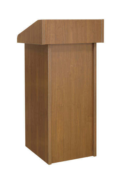 Classic lectern reading desk standing podium isolated on white background. Speaking equipment concept stock photo