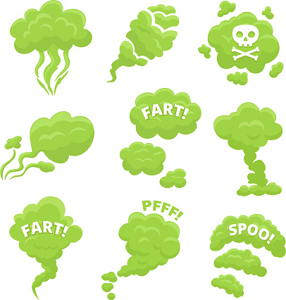Flat vector illustration collection of stinky clouds with skull, pfff, fart, spoo text, toxic trail vapour, chemicals smoke. Funny toxic cartoon clouds set. Vector design elements isolated on white.
