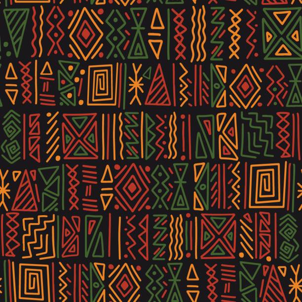 afrikanischer ethnischer stammeskonflikt ornament nahtloser musterhintergrund. einfache handgezeichnete symbole hintergrund in traditionellen afrikanischen farben - schwarz, rot, gelb, grün. kwanzaa dekordruck - afrikanische kultur stock-grafiken, -clipart, -cartoons und -symbole