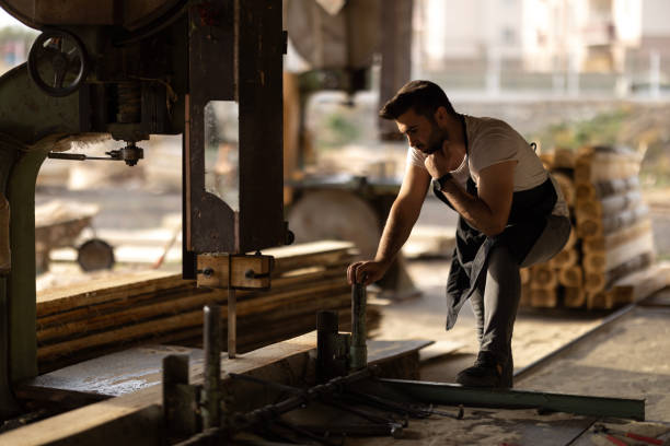 istock Carpenter cutting wooden plank 1443085069