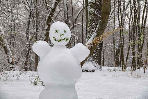 Funny snowman in the winter park. Symbol of winter season