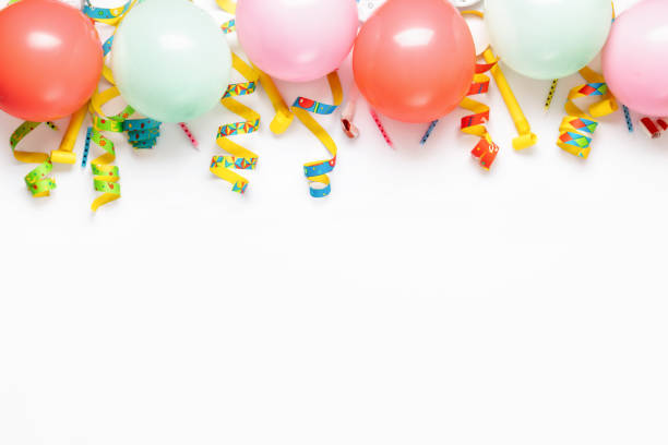 istock Balloons and various party decorations top view. Flat lay decoration party concept 1443089557