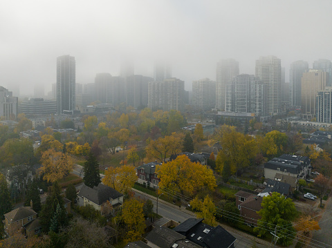 Aerial view of a park and residential area in north york, toronto, canada，foggy morning