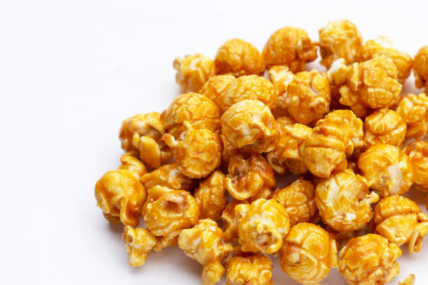 istock Honey caramel popcorn on white background. 1443091719
