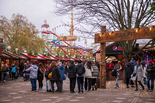 London, United Kingdom - November 20, 2022: View of Hyde Park Winter Wonderland funfair from the Christmas Market area