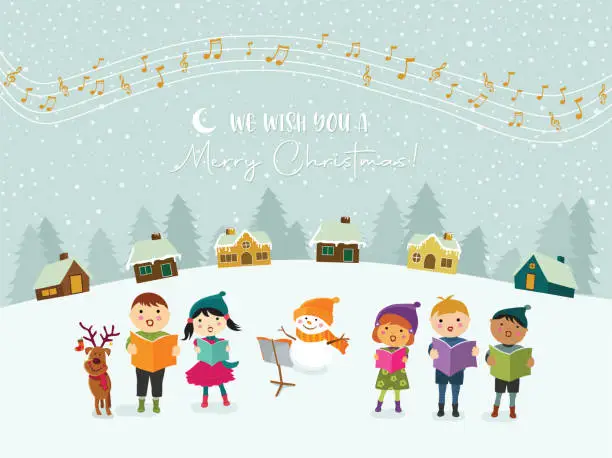 Vector illustration of Kids Singing Christmas Carols