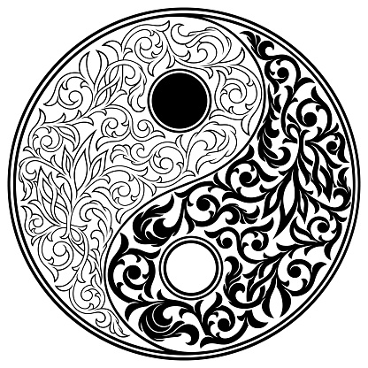 Stylized yin yang symbol filled with victorian ornament. Two parts contour and filled with color