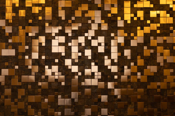 Gold tile mosaic background at an ancient Thai Buddhist temple, Bangkok, Thailand.