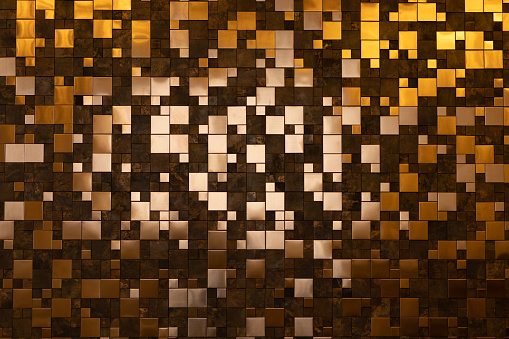 Gold mosaic tiles background. Background from small squares. Iridescent golden glass texture background. Multicolored icy shiny crystal texture. Abstract iridescent texture.