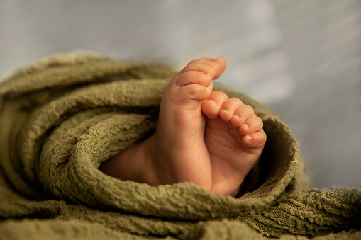 Closeup of newborn baby feet in a green wrap at natural light, indoor photography - Image