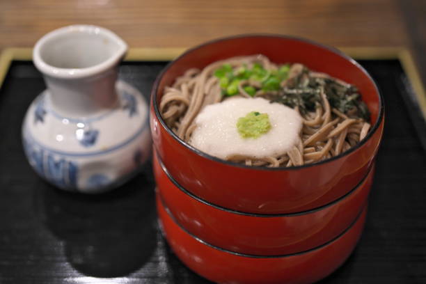 Shimane,Japan - November 7, 2022: Closeup of Izumo soba noodle in three partitioned containers