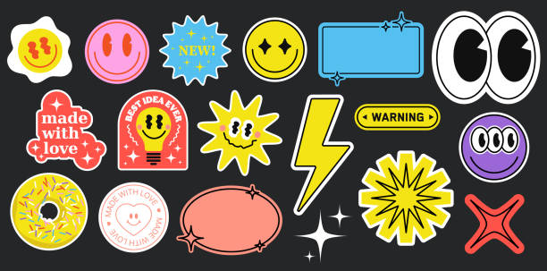 Funny decals and stickers. Decals stickers. Set of funny laptop stickers and labels in futuristic style.smiles, lightning, frames for inscriptions and others shocked computer stock illustrations