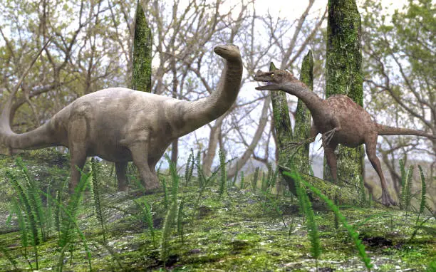 A 3D illustration of dinosaurs in a forest. The young brontosaurus is startled by a hungry ornitholestes out hunting.