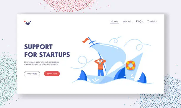 Vector illustration of Support for Startup Landing Page Template. Business Man Shipwreck on Paper Boat. Character Drowning in Ocean