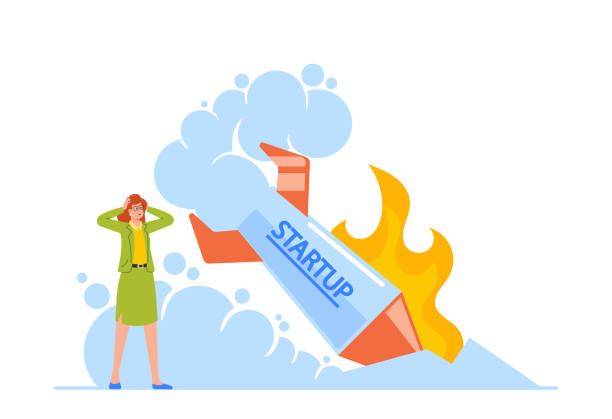 ilustrações de stock, clip art, desenhos animados e ícones de startup crash, business failure, management failed to achieve profit concept. businesswoman stand at fallen rocket - distress rocket